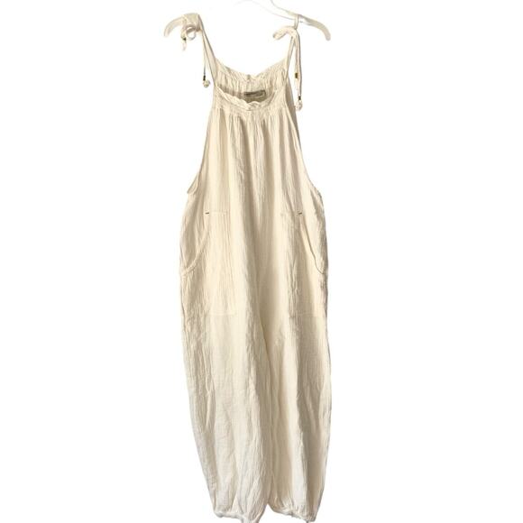 Saturday Sunday By Anthropologie Cream Gauzy Overalls Tie Shoulder size medium - Picture 2 of 10